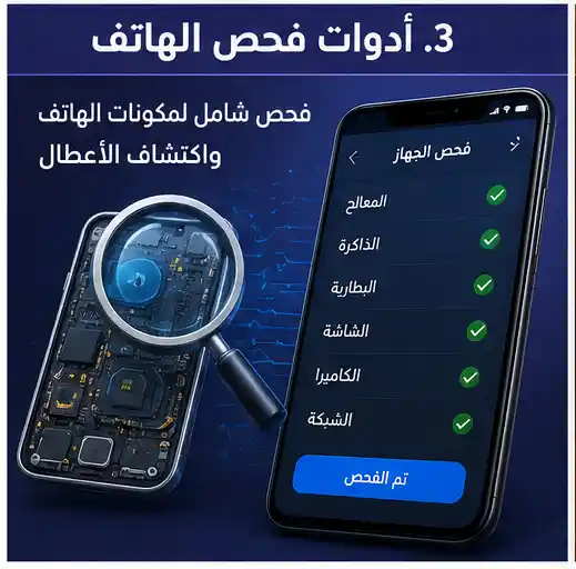 ادوات فحص الهاتف برامج تحليل الهاتف وفحص البطارية والمعالج والشاشة
