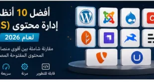 إنفوجرافيك يعرض مقارنة بين أفضل 10 أنظمة إدارة محتوى CMS لعام 2026، وتشمل WordPress وJoomla وDrupal وCraft CMS وOctober CMS وStrapi وDirectus وGhost وTYPO3 وUmbraco مع الشعارات وواجهات الإدارة.